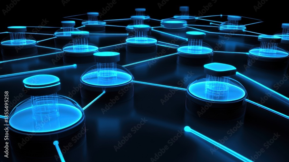 Poster networked data cores futuristic tech grid.
