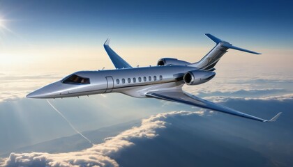 Obraz premium Luxury Private Jet Flying High Above Clouds with Bright Sun and Blue Sky