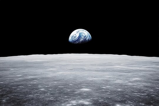 Earthrise Earth above the lunar horizon from the Moon's surface, against a black sky backdrop