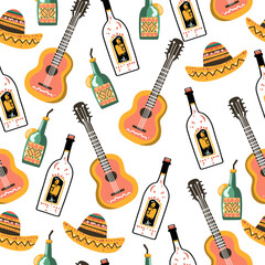 Cinco de Mayo Patterns – Colorful Mexican Holiday Seamless Designs with Sombreros, Guitars, Margaritas, Cacti, and Festive Party Elements