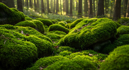 Moss Covered Rocks in Forest with Sunlight Streaming Through Trees