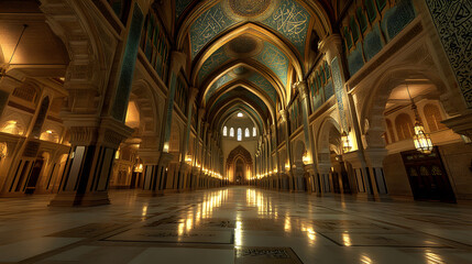 Obraz premium Grand hall with intricate Islamic architecture. High ceilings, arched walkways, marble floors, and ornate details create a majestic atmosphere. Warm lighting enhances the opulent design.