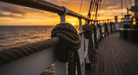 Obraz premium Rope Knot Secures Railing on Vessel with Ocean Sunset Backdrop