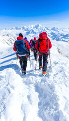 Hikers ascend snowy mountain peak, stunning vista