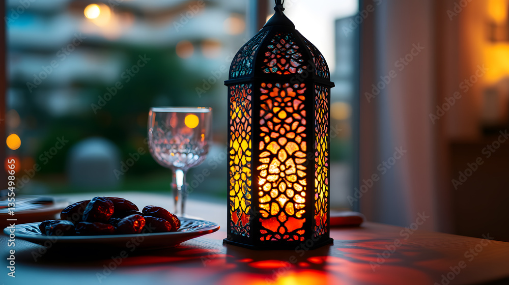 Poster a lit moroccan lantern illuminates a table setting with dates and a wine glass, creating a warm, inv
