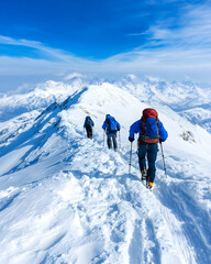 Hikers on Snowy Mountain Ridge