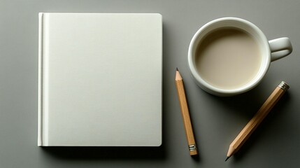 Blank notebook, pencils, and coffee mug on grey background.