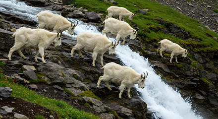 Obraz premium Mountain Goats Crossing Rocky Terrain Near Waterfall on Green Hillside