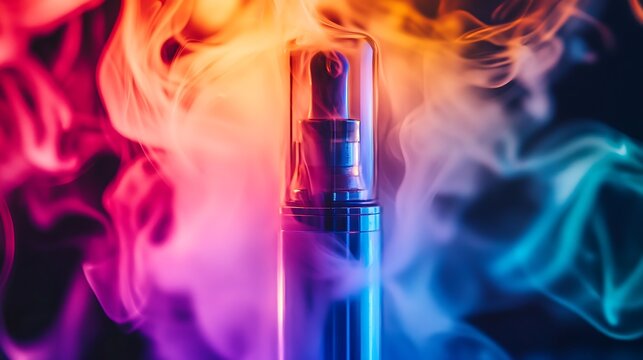 A vape device is surrounded by colorful smoke creating a vibrant scene