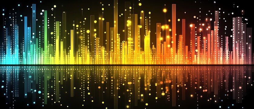 An abstract visualization of colorful audio waveforms reflecting downward