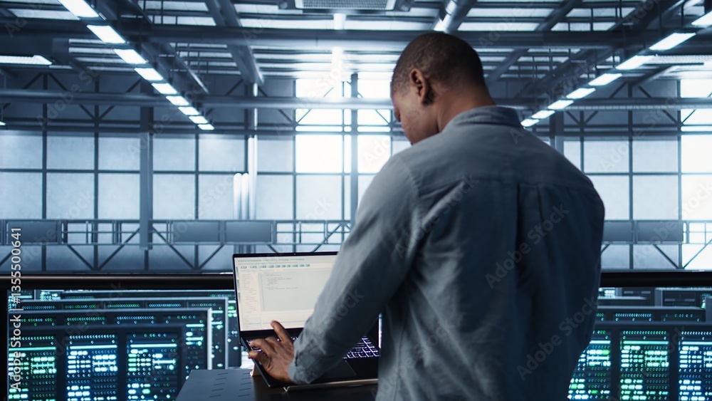 Poster computer scientist in server room coding on laptop, developing disaster recovery plans. african amer