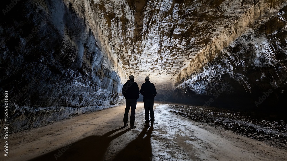 Aufkleber silhouetted figures exploring an atmospheric cave with stunning rock formation : generative ai