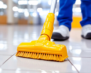 Janitor cleaning floor in a mall