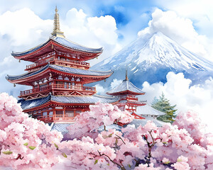Japanese Temple Cherry Blossoms Mt Fuji