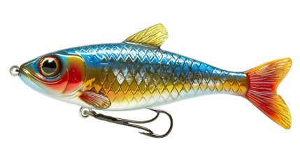 A highly detailed artificial fishing lure shaped like a small fish, with vibrant colors and intricate textures, featuring realistic scales and a treble hook. Isolated on white background.