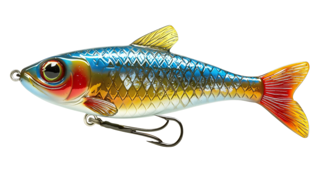 A highly detailed artificial fishing lure shaped like a small fish, with vibrant colors and intricate textures, featuring realistic scales and a treble hook. Isolated on white background.