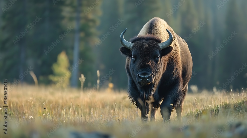 Poster majestic bison grazing in open field bathed in gentle morning light surrounded by nature : generativ