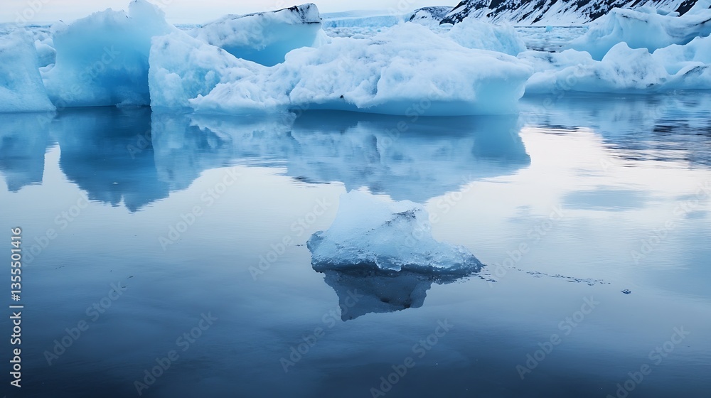 Poster stunning view of crystalline icebergs reflecting in calm waters under a serene sky : generative ai