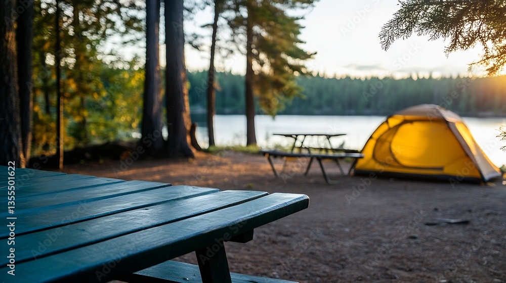 Poster tranquil campsite by a lake with a yellow tent and wooden picnic tables surrounded by forest : gener