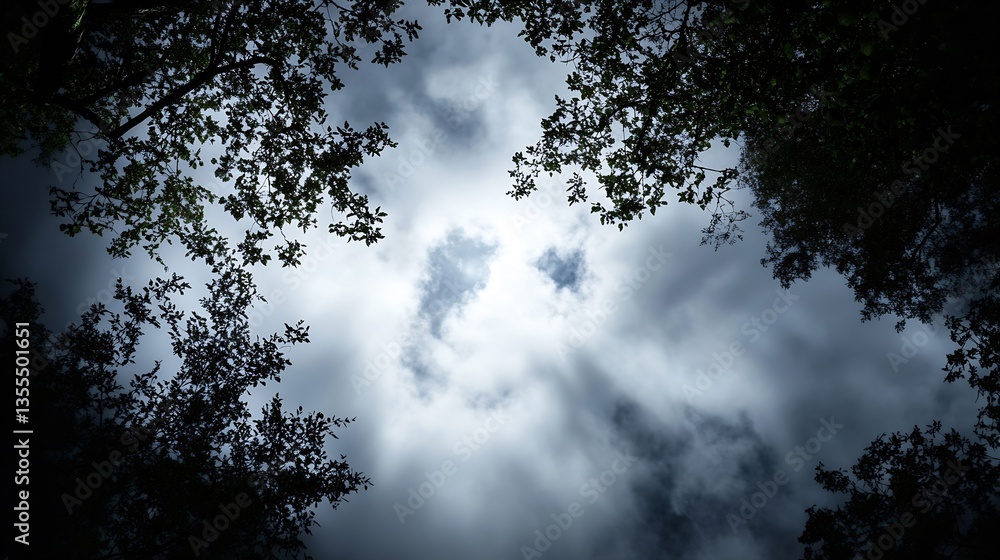 Poster Moody Atmosphere with Dark Clouds Framing a Bright Sky Through a Canopy of Leaves and Trees : Generative AI