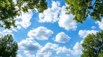 Obraz premium Beautiful blue sky filled with puffy white clouds surrounded by green tree foliage : Generative AI