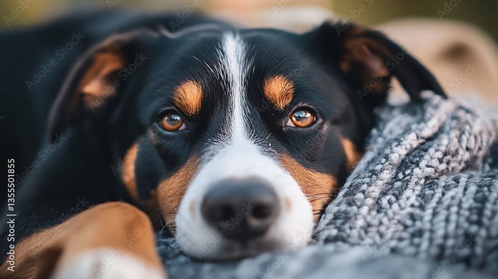 Poster close up of a calm dog resting on a cozy blanket capturing the warmth and charm of a faithful pet : 