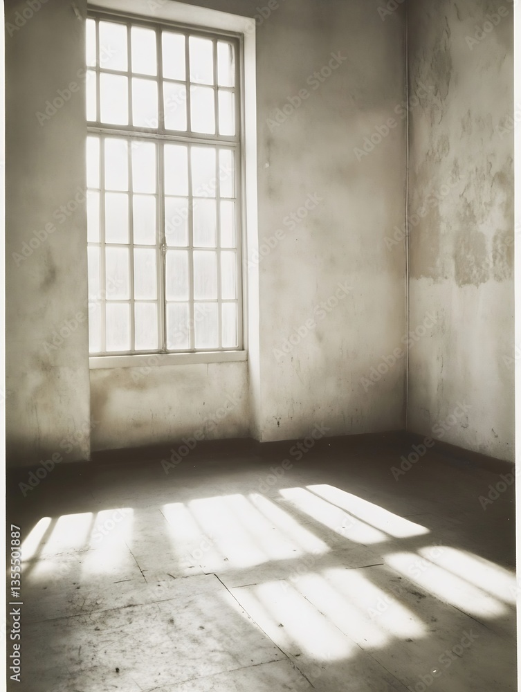 Fototapete bright sun rays streaming through a large window in a minimalistic room with clean walls and rustic 