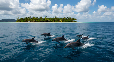Fototapeta premium Dolphins Leaping in Ocean Near Tropical Island on Sunny Day