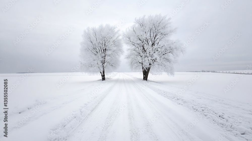 Poster Two snowcovered trees flanking a snowy pathway in a quiet winter landscape : Generative AI