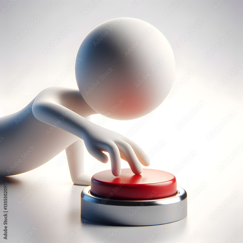 Poster a white 3d figure presses a large red button, symbolizing action or decision. generative ai.