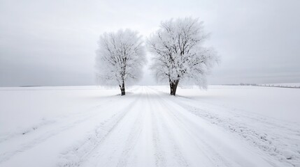 Two snowcovered trees flanking a snowy pathway in a quiet winter landscape : Generative AI
