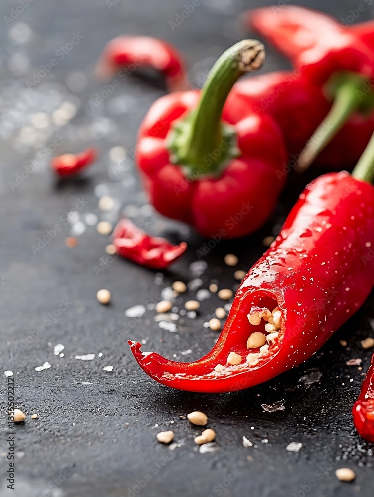 Poster fresh red chili peppers on dark backdrop showcasing vibrant color and spice : generative ai