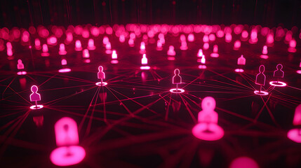 An abstract network of people connected by lines glowing in magenta. Useful for representing social networks global connection or data visualization.