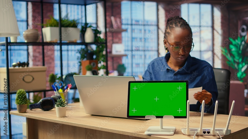 Poster african american female freelancer browse troubleshooting guide next to copy space, working on debug