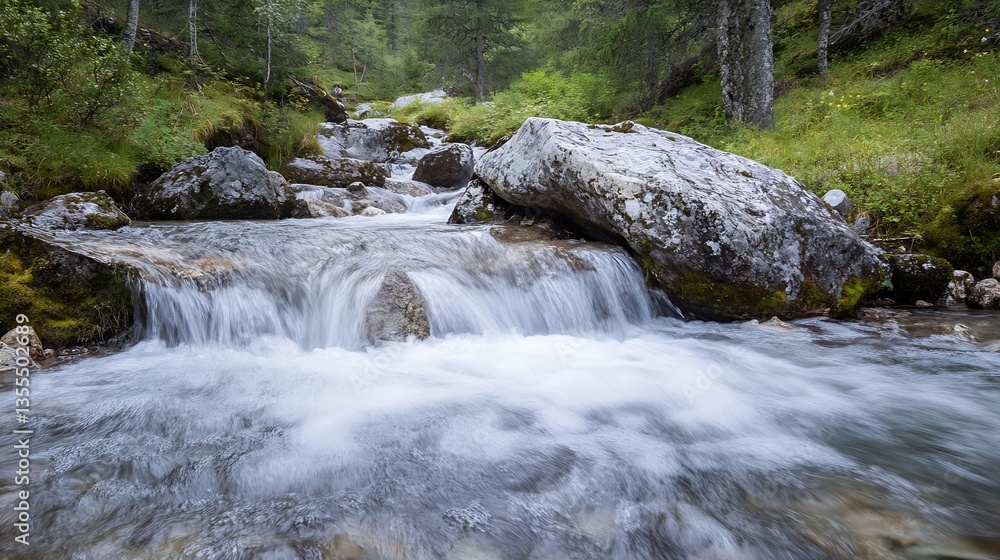 Aufkleber serene natural landscape featuring a tranquil flowing stream surrounded by lush greenery and rocky t