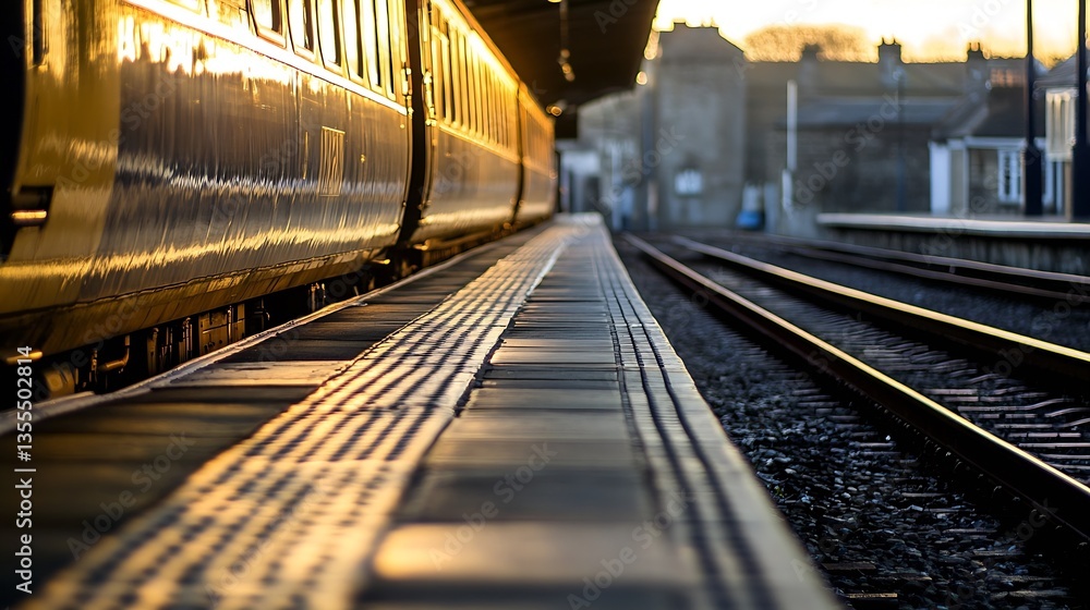 Poster Sunset View of Train Station Platform With Glowing Tracks and Quiet Atmosphere : Generative AI
