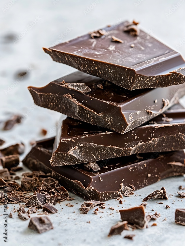 Poster stacked dark chocolate bars with shavings on a light surface for baking and chocolate lovers : gener