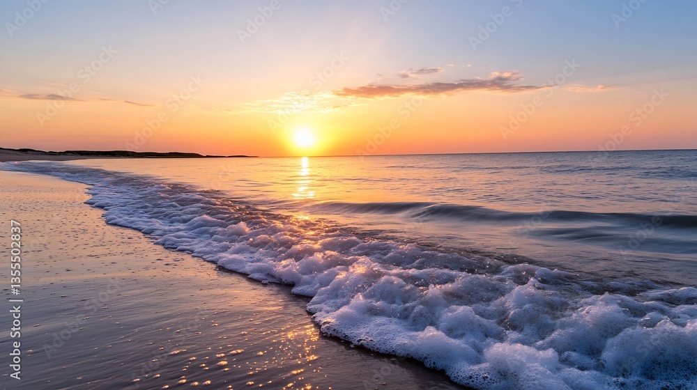 Aufkleber golden hour beach scene with calming waves and vibrant sunset reflecting on the tranquil ocean surfa