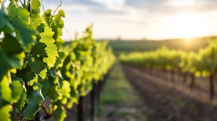 Vibrant Vineyard with Lush Green Leaves and Sunlight Glimmering at Dusk : Generative AI