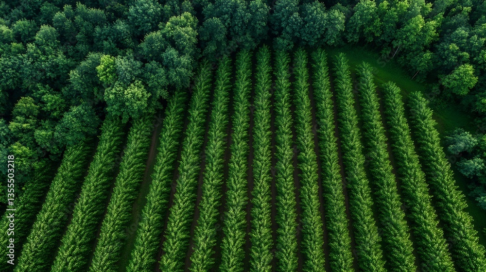 Aufkleber aerial view of a lush green orchard with neatly organized rows of trees : generative ai