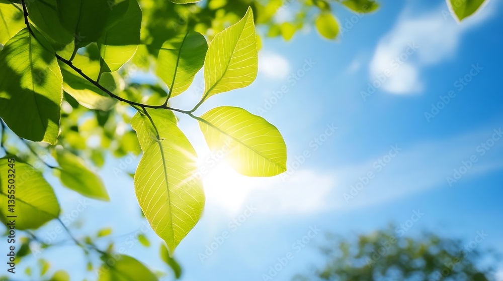 Poster sunlight filtering through vibrant green leaves on a bright day : generative ai