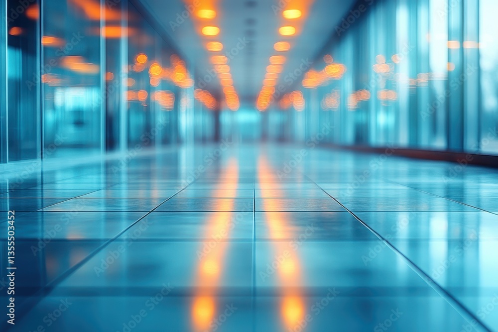 Aufkleber modern corridor with glass walls and warm lighting creating an atmospheric reflection during sunset 