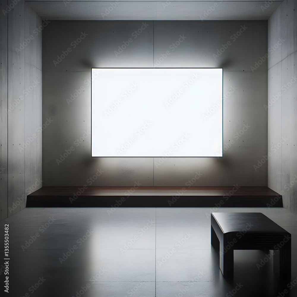 Poster a blank white screen glows in a concrete room, creating a minimalist and modern display space. gener