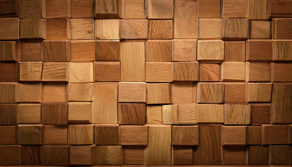 Fototapeta premium Wood with square tiles, wood block wall background. Square grid. Natural wood grain tile wallpaper. 3d rendering.