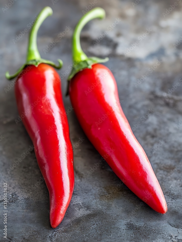 Poster Two shiny red chili peppers standing side by side on a textured surface symbolizing freshness and spiciness in cooking : Generative AI