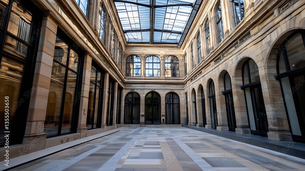Aufkleber a beautifully designed courtyard showcasing elegant architecture with large windows and classic ston