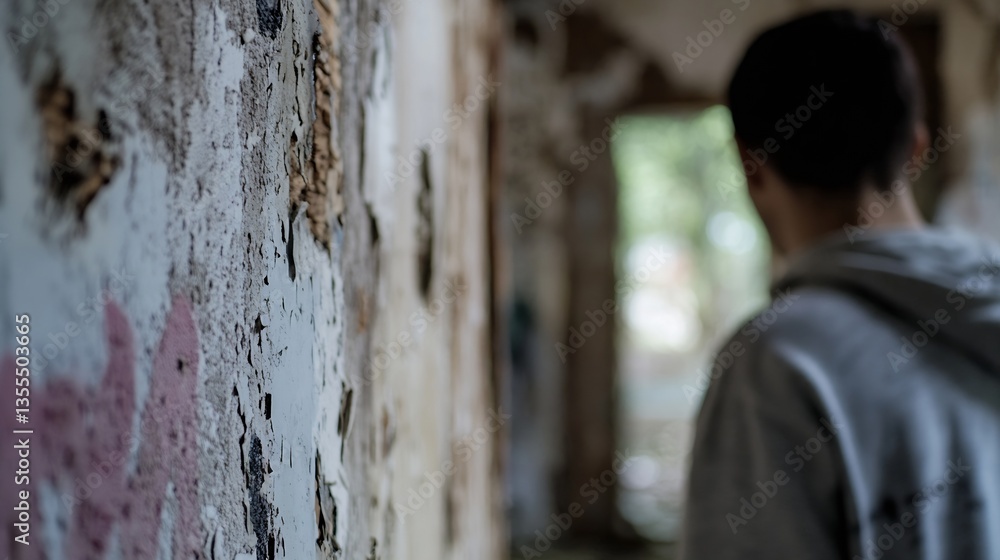 Poster a young person contemplating in an abandoned space with peeling walls and soft light : generative ai