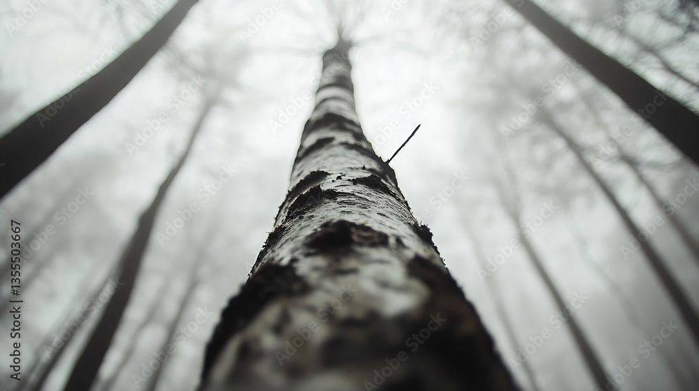Poster A closeup view of a tall tree trunk in a foggy forest showcasing its texture and towering stance : Generative AI