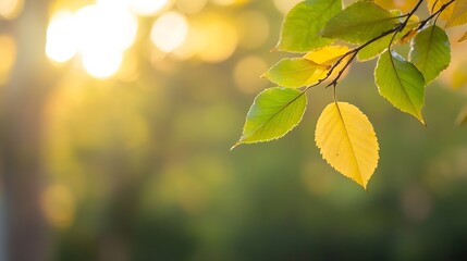 Obraz premium Golden and green leaves illuminated by sunlight creating a warm autumn atmosphere : Generative AI