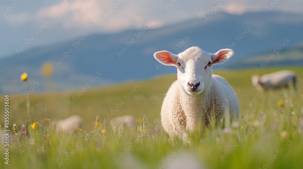 Poster curious sheep standing in a green meadow under a bright blue sky with distant mountains : generative